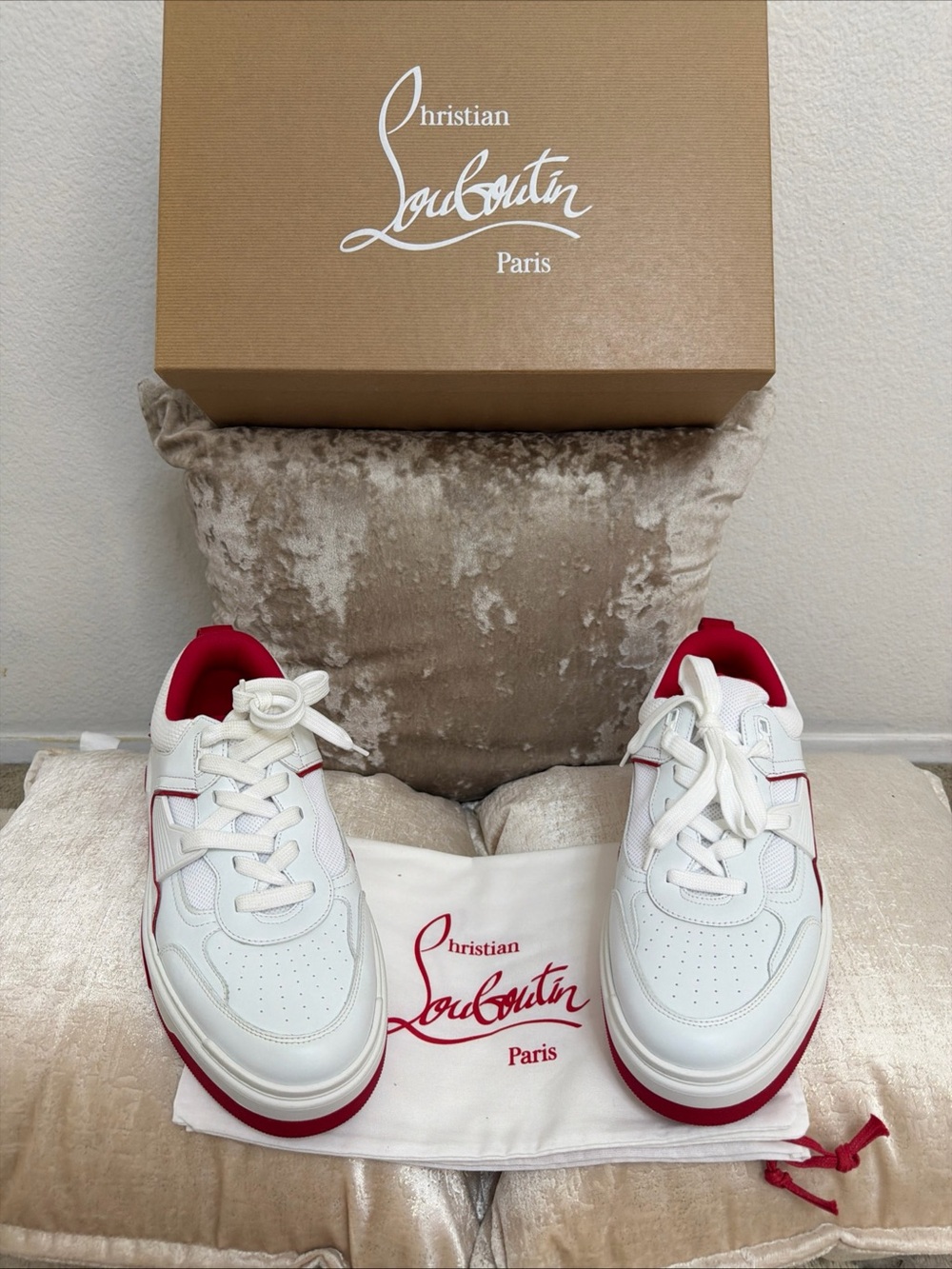 Christian Louboutin Kids White Sneakers with Red Trim
